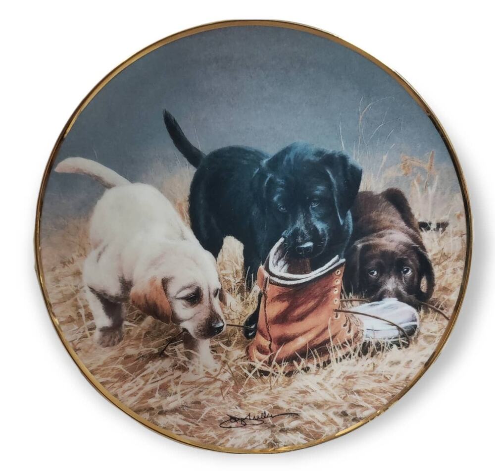 Franklin Mint THREE TO BOOT Labrador Puppies Collector Plate by James Killen